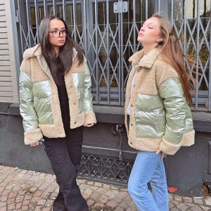 doudoune moumoute beige et vert bi matière