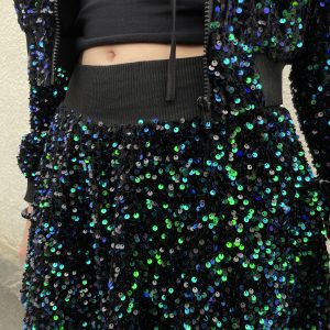 Ensemble gilet et jupe à paillettes noir